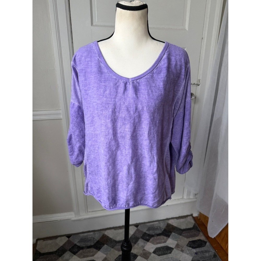 Kaktus Linen Top Purple Relaxed Fit Boho Artsy Lagenlook Roll Tab Sleeves Lg - Picture 10 of 15